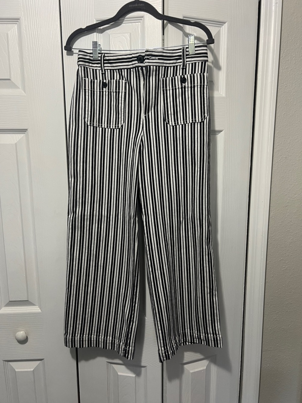 Loft Palmer pant . Black and White Vertical Stripe Wide-Leg Pants